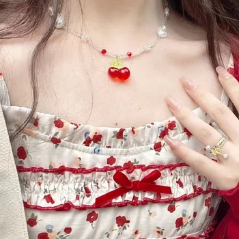 Вишневое ожерелье ~ Летние Милые Жемчужные бусы в форме сердца для женщин, цепочка для ключиц, Девушки Отправляют подарки подругам