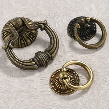 Круглое кольцо из античной бронзы Мебельная дверная ручка Ручки для выдвижных ящиков шкафа, комода Деревянная Коробка Дверное кольцо для ювелирного шкафа