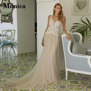 MONICA/ Стильные свадебные платья в стиле милой девушки для женщин, Трапециевидные, с открытой спиной, кружевные аппликации, без рукавов, Vestidos De Novia, сшитые на заказ