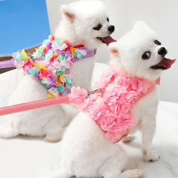 Роскошная шлейка для собак с цветочным узором и поводок для собак, мягкая регулируемая дышащая сетка, милый жилет безопасности для щенков в цветочек