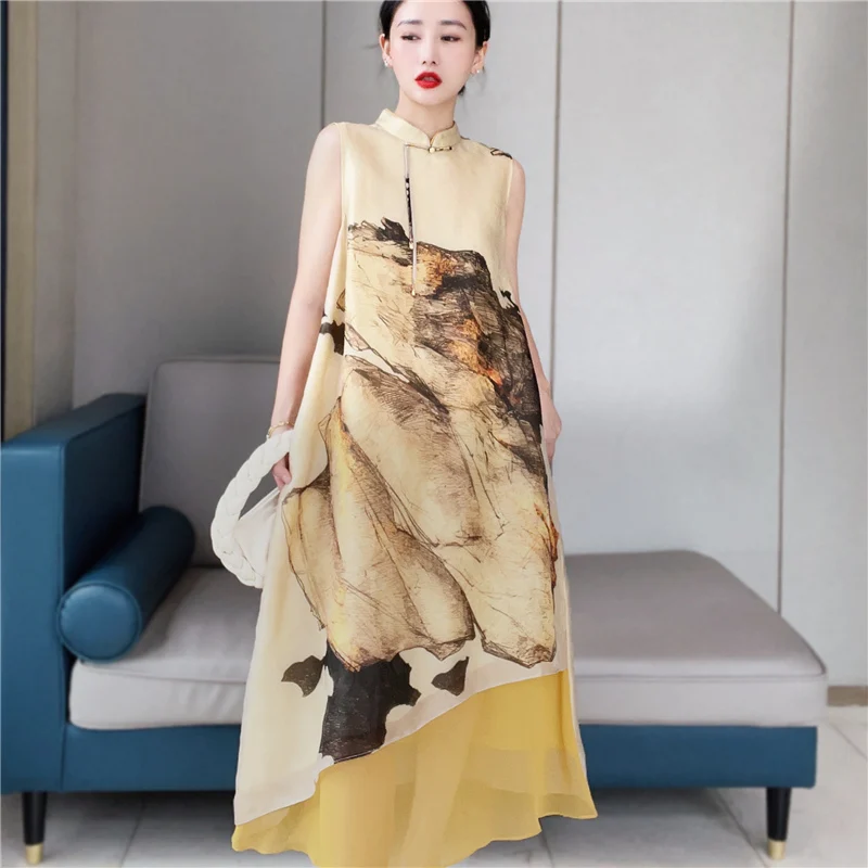 Высококлассный китайский стиль, шелковый Чонсам с чернильной печатью, воротник-стойка, без рукавов, Свободный нерегулярный подол, Элегантное женское платье M-XXL 0