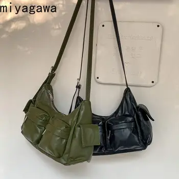 Новая корейская сумка через плечо Miyagawa большой емкости для женщин, универсальная мягкая сумка через плечо из искусственной кожи в стиле ретро Ins с несколькими карманами.