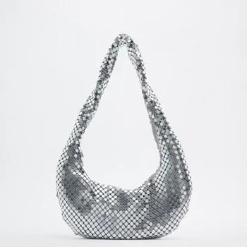 Дизайнерская сумка через плечо из серебристой металлической сетки в стиле взрыва, женские вечерние сумки с высококачественной текстурой и блестками в виде полумесяца, кошелек ZA.