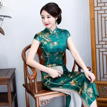 Элегантный летний зеленый длинный Чонсам, достойный показа на подиуме, винтажное элегантное традиционное китайское вечернее платье Ципао для женщин