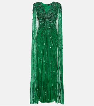 Зеленая роскошная вышитая бисером кружевная вечерняя шаль с пайетками, оборки с драгоценными камнями, женские вечерние платья для торжественных случаев, платья для выпускного вечера А-силуэта