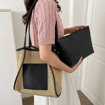 Женская сумка через плечо, большая вместительная соломенная сумка-тоут, модный клатч, дизайнерская сумочка в стиле пэчворк, искусственная кожа, выдалбливают