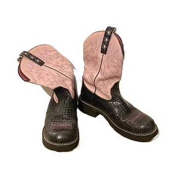 Женские сапоги до середины икры в западном стиле с круглым носком, рыцарские туфли на низком каблуке, черные, розовые, смешанные цвета