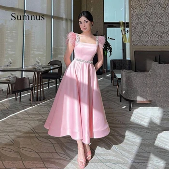Sumnus Розовые вечерние платья трапециевидной формы с квадратным воротником, платье для выпускного вечера длиной до щиколоток, короткие платья с перьями, длинные платья большого размера