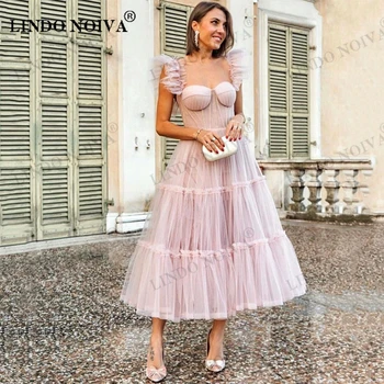 LINDO NOIVA Розовые короткие платья для выпускного вечера, тюлевые плиссированные вечерние платья чайной длины с лифом, женское платье для встречи выпускников большого размера 2023 г.