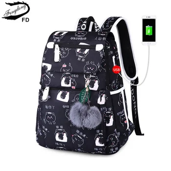 Женский школьный рюкзак Fengdong, школьные сумки с USB-разъемом для девочек, черный рюкзак, плюшевый мяч, школьная сумка для девочек, украшение в виде бабочки