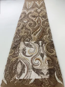 Кружевная ткань с ручным бисером для свадебных платьев, Модные роскошные хрустальные бусы, 5 ярдов, высококачественная свадебная сетка из африканского тюля с блестками