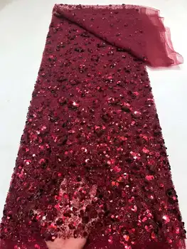 Красная Африканская кружевная ткань с блестками 2023 5 Ярдов Высококачественная Французская Нигерийская кружевная ткань для жениха для пошива платья Свадебной вечеринки
