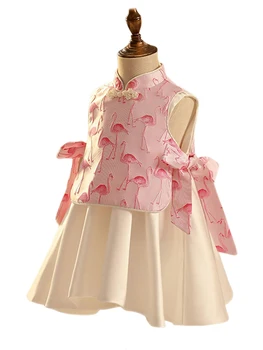 Розовое платье трапециевидной формы с цветочным узором для девочек из 2 предметов на свадьбу, платье с фламинго для девочек на день рождения, атласное Праздничное платье на Крестины для детей от 1 до 14 лет
