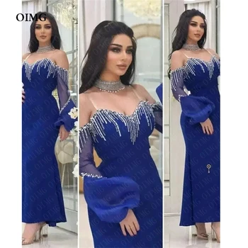 Элегантные синие вечерние платья OIMG с длинными рукавами и блестящими бусинами в форме сердца из Саудовской Аравии, Арабского Дубая, Вечерние платья для выпускного вечера