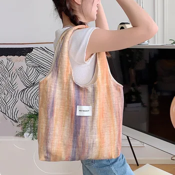 Женская холщовая сумка через плечо, классическая сумка для покупок с красочным принтом, льняная двухслойная сумка для покупок, кошелек из эко-ткани, сумка-тоут для девочек