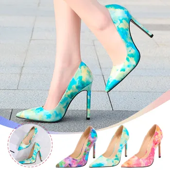 Модные женские тонкие туфли из ситца с индивидуальным дизайном на тонком каблуке большого размера на высоком каблуке