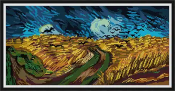 Набор для вышивания Крестиком Joy Sunday с предварительной печатью Easy Pattern Aida, Набор Для Вышивания Из Тисненой ткани-Ван Гог-Пшеничное поле с Летящими Воронами