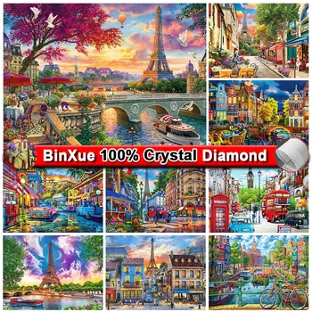 BinXue 5D DIY Живописная Эйфелева башня, полностью из 100% хрусталя, Алмазная картина, Закат, Вышивка крестиком, коттедж, алмазная мозаика ручной работы