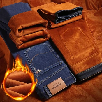 Зимние Новые мужские теплые джинсы Деловые прямые В классическом стиле, черные синие джинсовые флисовые плотные брюки, брендовые мужские брюки 28-40