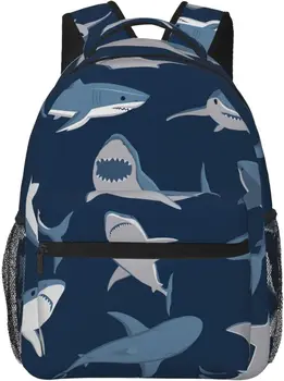Синий мультяшный рюкзак с акулой, стильный повседневный рюкзак, кошелек, рюкзаки для ноутбука, карманы, Компьютерный рюкзак для работы, деловых поездок