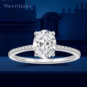 Женское кольцо с овальным муассанитом Sweetrain 3 карата, серебро 925 пробы, обручальное кольцо со сверкающим бриллиантом Solitaire, сертификат GRA
