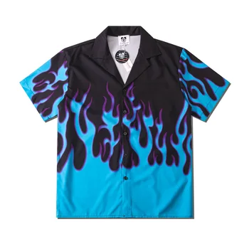 Y2K Летняя Новая Мужская Винтажная рубашка С принтом Пламени, Модные Свободные Гавайские Пляжные рубашки Harajuku с коротким рукавом, Сорочка Hawaiiienne Homme