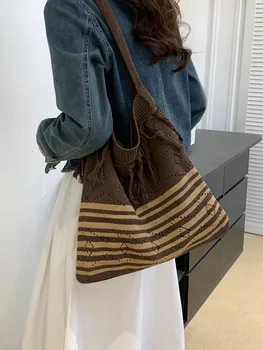 Тканая сумка большой емкости в винтажном стиле для странствий, женская сумка через плечо 2023, сумка через плечо с французской кисточкой, цветная сумка для отдыха