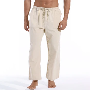 Новые мужские повседневные льняные брюки, однотонные дышащие хлопчатобумажные брюки для йоги, мужские повседневные брюки для фитнеса с эластичной резинкой на талии и завязками.