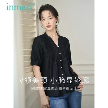 Женская блузка INMAN 2023, Летние рубашки свободного кроя с пышными рукавами и V-образным вырезом, Плиссированный дизайн, Повседневные универсальные белые Черные топы