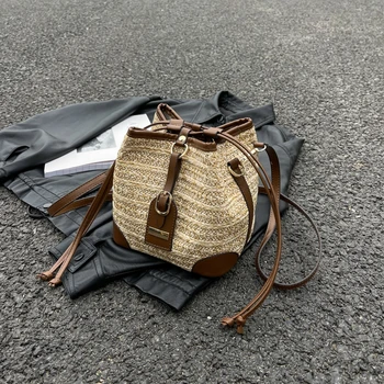 Плетеные соломенные сумки через плечо из искусственной кожи, модная женская сумка через плечо ручной работы, повседневная элегантная простая летняя тканая сумка