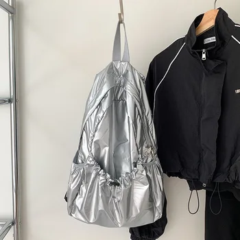 2023 Новый Панк Серебристо-Черный рюкзак на шнурке из искусственной кожи, Корейский модный рюкзак для женщин, школьные сумки для девочек-подростков