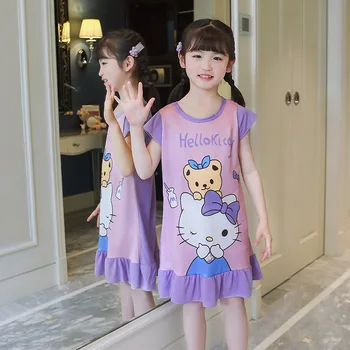 Ночная рубашка для девочек из аниме Sanrio Kawaii Hello Kitty, летняя тонкая пижама с коротким рукавом, детская пижама с милым мультфильмом, домашняя одежда, подарок на день рождения