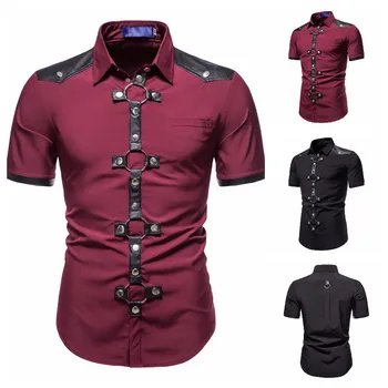 2023 Новая летняя мужская рубашка в стиле Панк с коротким рукавом, Готическая одежда с заклепками, Модные Черные, Красные, Однотонные топы, одежда-рубашка