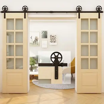 Комплект фурнитуры для раздвижных дверей сарая, прочный, плавный и бесшумный, прост в установке, подходит для двойной дверной панели, ролики I формы, черный