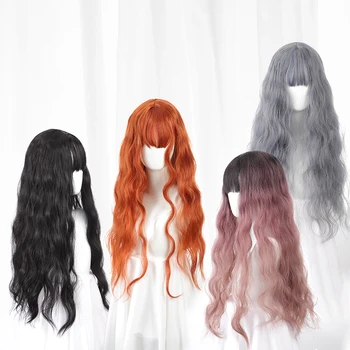 Синтетические длинные парики в стиле Лолиты с волнистой прямой челкой, 4 цвета, натуральный Черный Серый Женский парик на каждый день