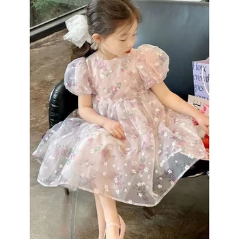 Летняя хлопковая юбка Принцессы с короткими рукавами в пасторальном цветочном стиле для маленьких девочек, Модная детская одежда, Детское платье 2-8 лет