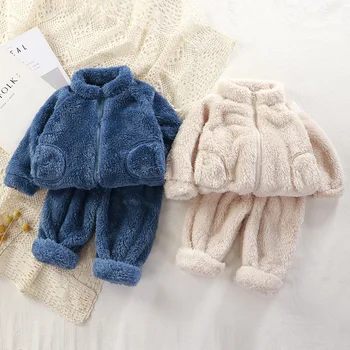 Зимние плюшевые топы, пальто + брюки, Новая детская однотонная теплая одежда для сна из двух предметов, модные утепленные милые пижамы для мальчиков и девочек