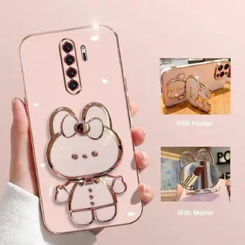 Зеркало для макияжа Чехол для телефона для Xiaomi Redmi 9 Покрытие Мультяшный кролик Складной кронштейн Чехол для защиты телефона