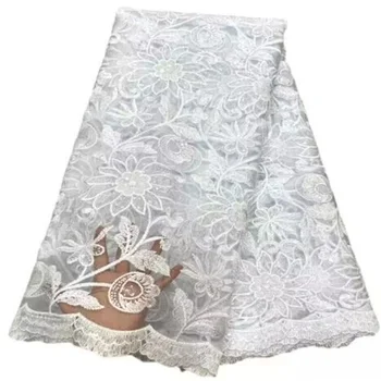 Высококачественная Африканская Нигерийская кружевная ткань С вышивкой Тюль Белоснежное свадебное платье Гипюр Блестки для шитья Бисер 5 ярдов