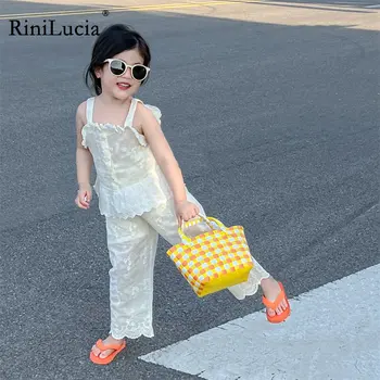 RiniLucia 2023, Новые комплекты одежды для милых девочек, Летняя одежда для маленьких девочек, Рубашки на подтяжках с цветочным рисунком, Брюки, Детская одежда, Костюмы