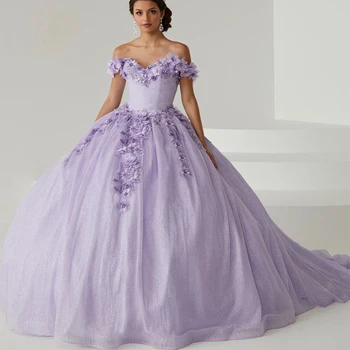 Лавандовое Бальное платье С открытыми плечами, Расшитое бисером и Яркими Аппликациями, 3DFlower Quinceanera Dress Princess Sweet 16 Vestidos De 15 Años