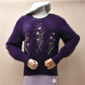 Женская Осенне-зимняя одежда, винтажная вышивка, Цветочная шерсть ангорского кролика, Вязаные тонкие блузки с круглым вырезом, пуловеры, свитера, тянущиеся за свитер