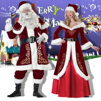 Рождественский комплект из 7 предметов, красная ретро-одежда Санта-Клауса с поясом, праздничный костюм Санта-Клауса, повседневные костюмы с золотым принтом в фестивальном стиле, наряд