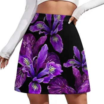 Ирисы - Красивые фиолетовые на черном дизайне. Мини-юбка, шикарная и элегантная женская юбка, Летняя женская одежда, юбки для женщин