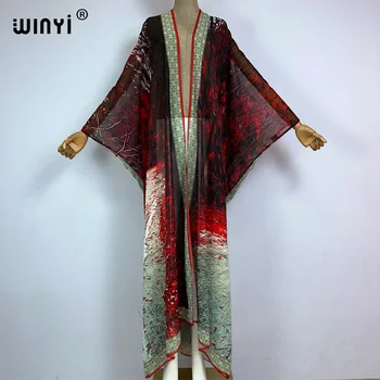 Кимоно WINYI в стиле бохо с перспективным принтом, длинное платье в пол, пляжная одежда, прикрытия, элегантные праздничные пляжные наряды для женщин