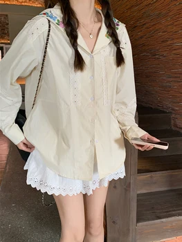 KIMOKOKM, осенняя милая женская рубашка с матросским воротником, кружевная однобортная рубашка с цветочной вышивкой, кавайная рубашка с длинным рукавом, милая рубашка