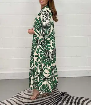 Элегантное женское повседневное платье Миди с расклешенным рукавом и винтажным принтом на весну и осень с V-образным вырезом и пуговицами