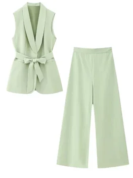 TRAF 2023, летние новые женские модные повседневные зеленые длинные блейзеры без рукавов с V-образным вырезом и брюки для костюмов