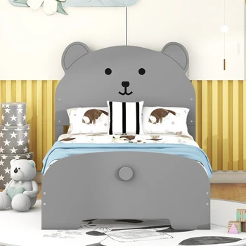 Кровать Twin Size, уникальная деревянная кровать-платформа с изголовьем и изножьем в форме медведя, прочная и однотонная серая кровать Twin Size, детская кровать