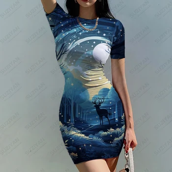 Летнее высококачественное платье 2023 года, красивое платье с 3D-принтом звездного неба, платье в стиле харадзюку с короткими рукавами, платье уличной моды